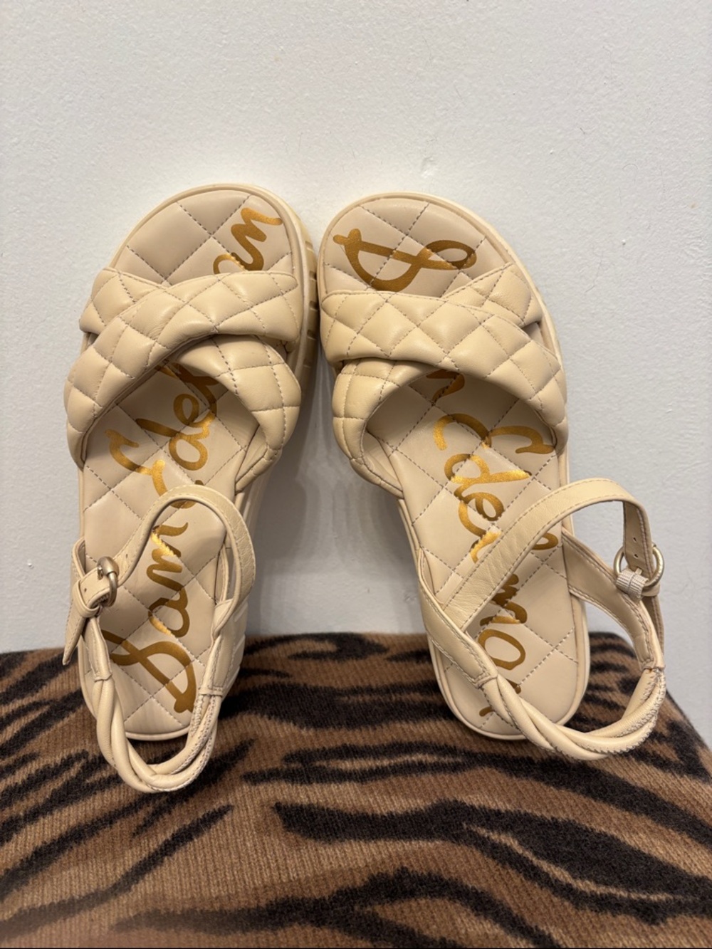 Sam Edelman Quilted Cross-Band Slingback Sandals in Cream